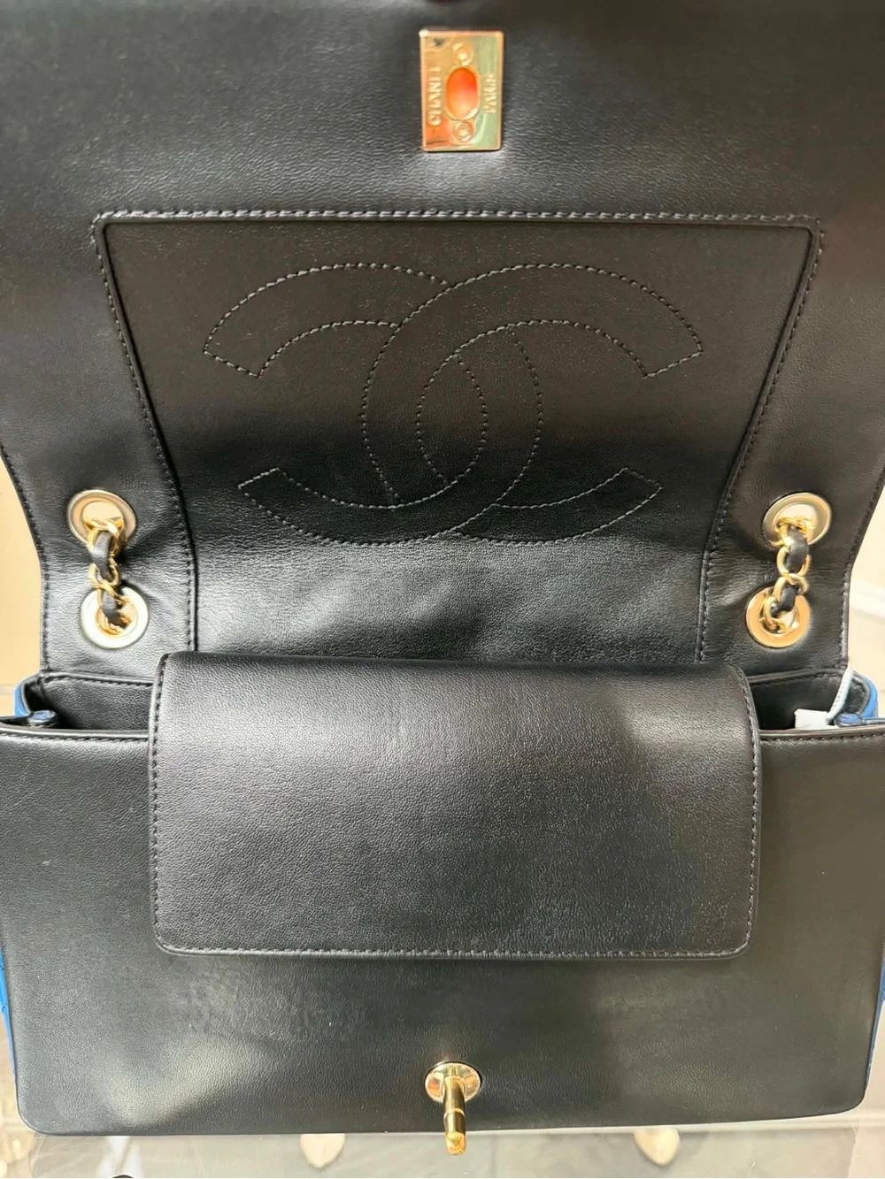 CHANEL Quilted Blue Center Panel Shoulder Bag with Black Trim